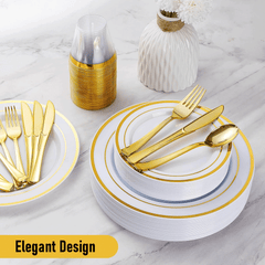 175pcs Food-Grade Wedding Event Banquet Disposable Tableware Dinnerware Gold-Edged Plastic Cutlery Pack of 25 Dining Sets Plates Cutlery Napkins