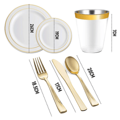 175pcs Food-Grade Wedding Event Banquet Disposable Tableware Dinnerware Gold-Edged Plastic Cutlery Pack of 25 Dining Sets Plates Cutlery Napkins