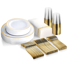 175pcs Food-Grade Wedding Event Banquet Disposable Tableware Dinnerware Gold-Edged Plastic Cutlery Pack of 25 Dining Sets Plates Cutlery Napkins