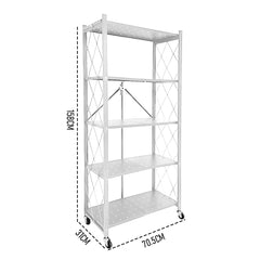 5 Tier Storage Shelf Rack Foldable Kitchen Organizer Heavy-Duty Steel Durable Display Cart with Swivel Lockable Casters for Kitchen Garage Bookshelf White