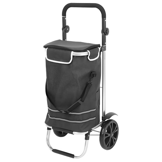 Foldable Shopping Trolley Cart Multifunctional Large Capacity Hand Carry Bag Aluminium Frame with Removable Zipped Bag Side Pockets and Wheels Black