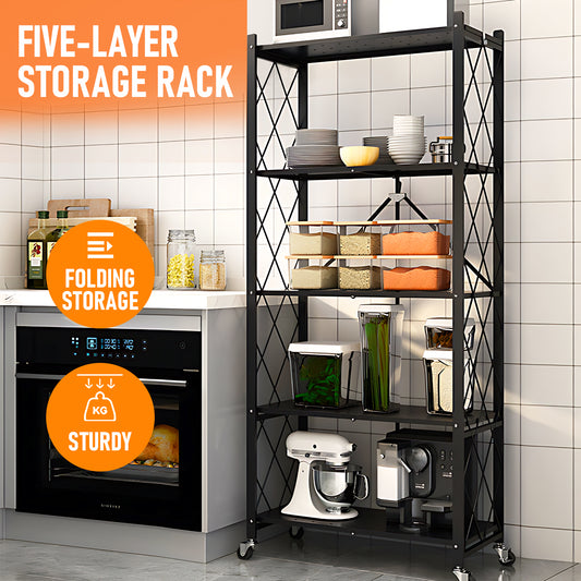 Alston 5 Tier Foldable Shelf Metal Display Rack Floor Standing Storage Capacity 100kg with Wheels for Commercial Retail Stores Bookcase Home Organizer Black