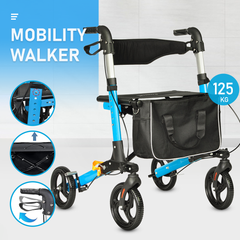 Alston 2 In 1 Foldable X-Fold Mobility Walker Rollator Chair Aid 8 Inch Wheel Max Load 136KG with Zippered Storage Bag for Elderly Seniors Indoor Outdoor Use