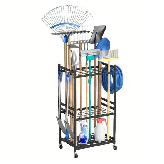 Heavy-Duty Garden Tool Organizer Rolling Tool Tower Rack with Wheels and 4 Hooks Metal Shelf Storing Shovels Rakes Brooms Tools for Yard Garage Workshop