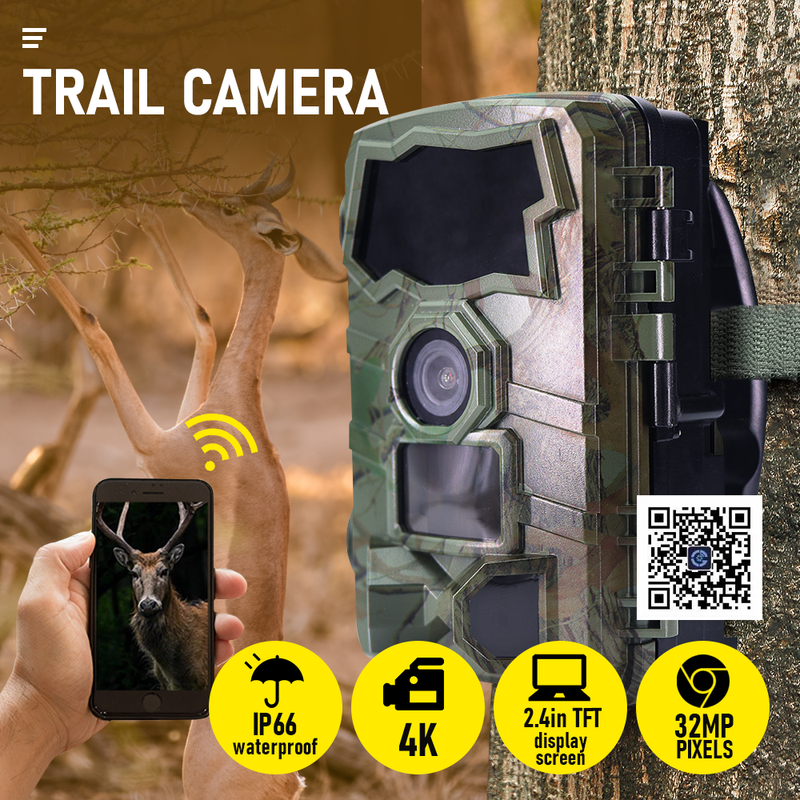 4K 32MP Trail Camera WiFi IP66 Hunting Game Camera Night Vision