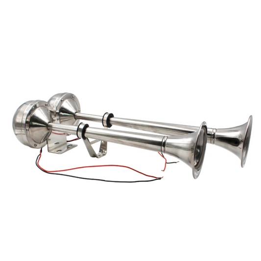 Dual Trumpet Horn – 12V Polished 304 Stainless Steel, Loud Marine/Truck/RV Air Horn with Mounting Kit, No Compressor Needed, Weather-Resistant