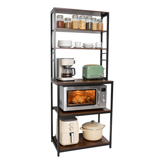 6-Tier Baker's Rack Free Standing Kitchen Storage Rack with Hooks and Adjustable Feet Utility Storage Shelf for Microwave Oven Spices Pot Pan Rustic Brown