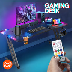 ALSTON 120cm Large Gaming Desk Computer Desk Z-Frame Racer Table with RGB Lights Cup Holder and Headphone Hook for Home Office Gaming Setup 120x60x73cm