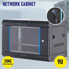 9U Cabinet Server Network Data Rack Wall Mount LAN Rack IT Equipment 20kg Max with Lockable Glass Door and Removable Side Panel Overall 0.6mm 450x542x400mm