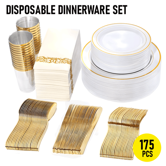 175pcs Food-Grade Wedding Event Banquet Disposable Tableware Dinnerware Gold-Edged Plastic Cutlery Pack of 25 Dining Sets Plates Cutlery Napkins