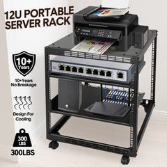 Alston 12U Open Frame Server Rack with Vented Shelves Heavy Duty 4-Post AV/IT Network Rack Free Standing or Wall Mount with Lockable Casters