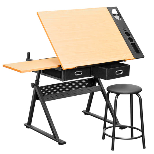 Adjustable Wood Drafting Table & Stool Set Wood Tabletop Art Craft Work Station with 2 Storage Drawers and Pencil Ledge for Artist Paintings Sketching