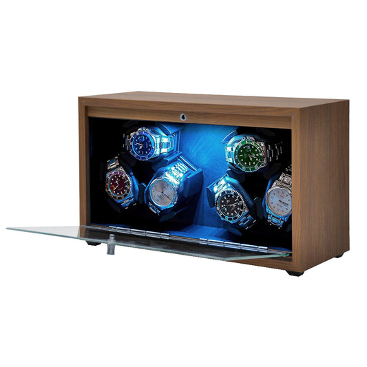 Automatic Rotation Watch Winder Case Wooden Watch Spinner 5 Rotation Modes Watch Shaker for 6 Watches Storage with LED Backlight and Ultra Quiet Motor