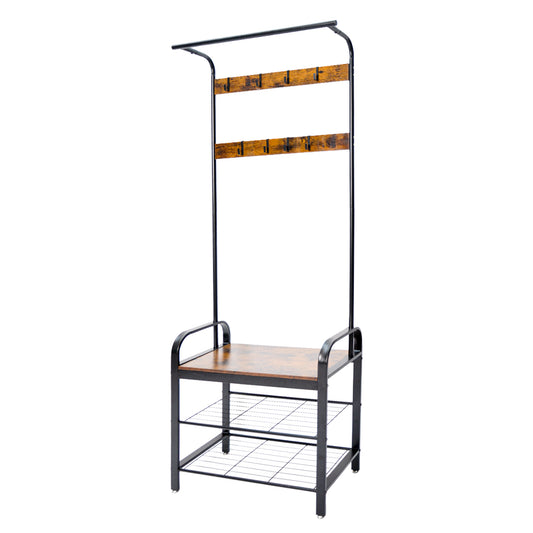 4-In-1 Coat Rack Large Capacity Freestanding Hall Tree 183 High Entryway Bench with 8 Detachable Hooks Hanging Rod and 2-Tier Shoe Storage Rustic Brown