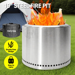 19'' Smokeless Firepit Outdoor Wood Burning Stainless Steel Fireplaces Portable Firepit with Removable Ash Pan and Storage Bag for Backyard Camping Patio