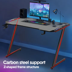 ALSTON 120cm Large Gaming Desk Computer Desk Z-Frame Racer Table with RGB Lights Cup Holder and Headphone Hook for Home Office Gaming Setup 120x60x73cm