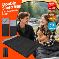 Detachable Double Sleeping Bag with 2 Pillows Queen Size– 2-in-1 Convertible Design Waterproof Warm Lightweight for Camping Hiking & Outdoor Use