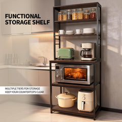 6-Tier Baker's Rack Free Standing Kitchen Storage Rack with Hooks and Adjustable Feet Utility Storage Shelf for Microwave Oven Spices Pot Pan Rustic Brown