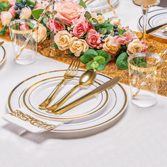 175pcs Food-Grade Wedding Event Banquet Disposable Tableware Dinnerware Gold-Edged Plastic Cutlery Pack of 25 Dining Sets Plates Cutlery Napkins