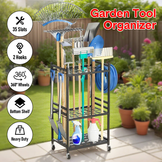 Heavy-Duty Garden Tool Organizer Rolling Tool Tower Rack with Wheels and 4 Hooks Metal Shelf Storing Shovels Rakes Brooms Tools for Yard Garage Workshop