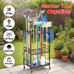 Heavy-Duty Garden Tool Organizer Rolling Tool Tower Rack with Wheels and 4 Hooks Metal Shelf Storing Shovels Rakes Brooms Tools for Yard Garage Workshop