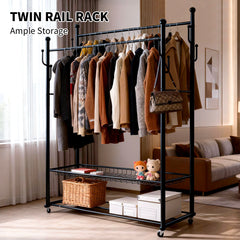 170cm Double Rails Garment Rack Free Standing Clothes Rack with 2-Tier Bottom Shelves and Wheels Metal Coat Stand For Bedroom Hallway Garment Organizer