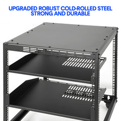 Alston 12U Open Frame Server Rack with Vented Shelves Heavy Duty 4-Post AV/IT Network Rack Free Standing or Wall Mount with Lockable Casters