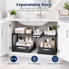 Under the Sink Organizer 2-Tier 65-73cm Expandable Steel Cabinet Rack with Removable Sliding Baskets and 2 Pull-out Drawers for Kitchen Bathroom Cabinet