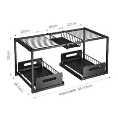 Under the Sink Organizer 2-Tier 65-73cm Expandable Steel Cabinet Rack with Removable Sliding Baskets and 2 Pull-out Drawers for Kitchen Bathroom Cabinet