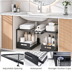 Under the Sink Organizer 2-Tier 65-73cm Expandable Steel Cabinet Rack with Removable Sliding Baskets and 2 Pull-out Drawers for Kitchen Bathroom Cabinet