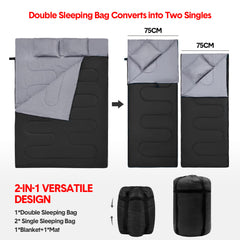 Detachable Double Sleeping Bag with 2 Pillows Queen Size– 2-in-1 Convertible Design Waterproof Warm Lightweight for Camping Hiking & Outdoor Use