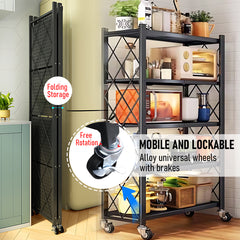 Alston 5 Tier Foldable Shelf Metal Display Rack Floor Standing Storage Capacity 100kg with Wheels for Commercial Retail Stores Bookcase Home Organizer Black