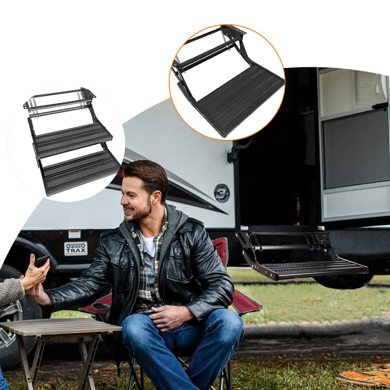 Double Caravan Step Black Pull Out Folding Aluminium Off Road RV Camper Trailer