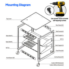 Alston 12U Open Frame Server Rack with Vented Shelves Heavy Duty 4-Post AV/IT Network Rack Free Standing or Wall Mount with Lockable Casters