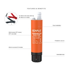 SEAFLO Submersible Inline Pump 6m Head SFSP1-G280-02B 12V 280GPH Transfer Pump Food Grade Fresh Water Seawater Diesel Pump Portable Marine RV Utility