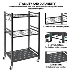 Heavy-Duty Garden Tool Organizer Rolling Tool Tower Rack with Wheels and 4 Hooks Metal Shelf Storing Shovels Rakes Brooms Tools for Yard Garage Workshop