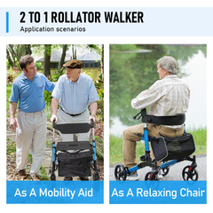 Alston 2 In 1 Foldable X-Fold Mobility Walker Rollator Chair Aid 8 Inch Wheel Max Load 136KG with Zippered Storage Bag for Elderly Seniors Indoor Outdoor Use