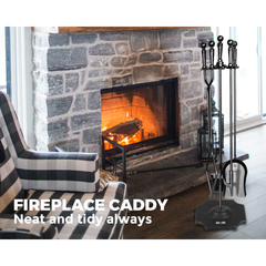 Fireplace Tool Set Fire Pit Stand Black Cast Iron Tongs 5 PCS Caddy Poker Shovel Brush Clipper Holder Tools Kit 81cm for Indoor and Outdoor Classic