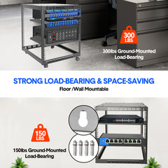 Alston 12U Open Frame Server Rack with Vented Shelves Heavy Duty 4-Post AV/IT Network Rack Free Standing or Wall Mount with Lockable Casters