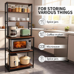 6-Tier Baker's Rack Free Standing Kitchen Storage Rack with Hooks and Adjustable Feet Utility Storage Shelf for Microwave Oven Spices Pot Pan Rustic Brown