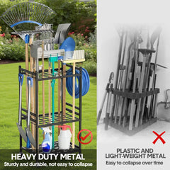 Heavy-Duty Garden Tool Organizer Rolling Tool Tower Rack with Wheels and 4 Hooks Metal Shelf Storing Shovels Rakes Brooms Tools for Yard Garage Workshop