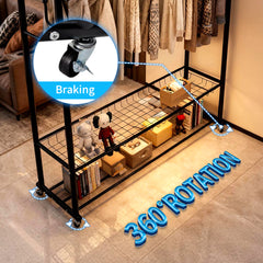 170cm Double Rails Garment Rack Free Standing Clothes Rack with 2-Tier Bottom Shelves and Wheels Metal Coat Stand For Bedroom Hallway Garment Organizer