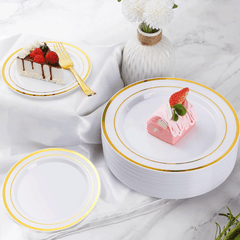 175pcs Food-Grade Wedding Event Banquet Disposable Tableware Dinnerware Gold-Edged Plastic Cutlery Pack of 25 Dining Sets Plates Cutlery Napkins