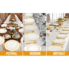175pcs Food-Grade Wedding Event Banquet Disposable Tableware Dinnerware Gold-Edged Plastic Cutlery Pack of 25 Dining Sets Plates Cutlery Napkins