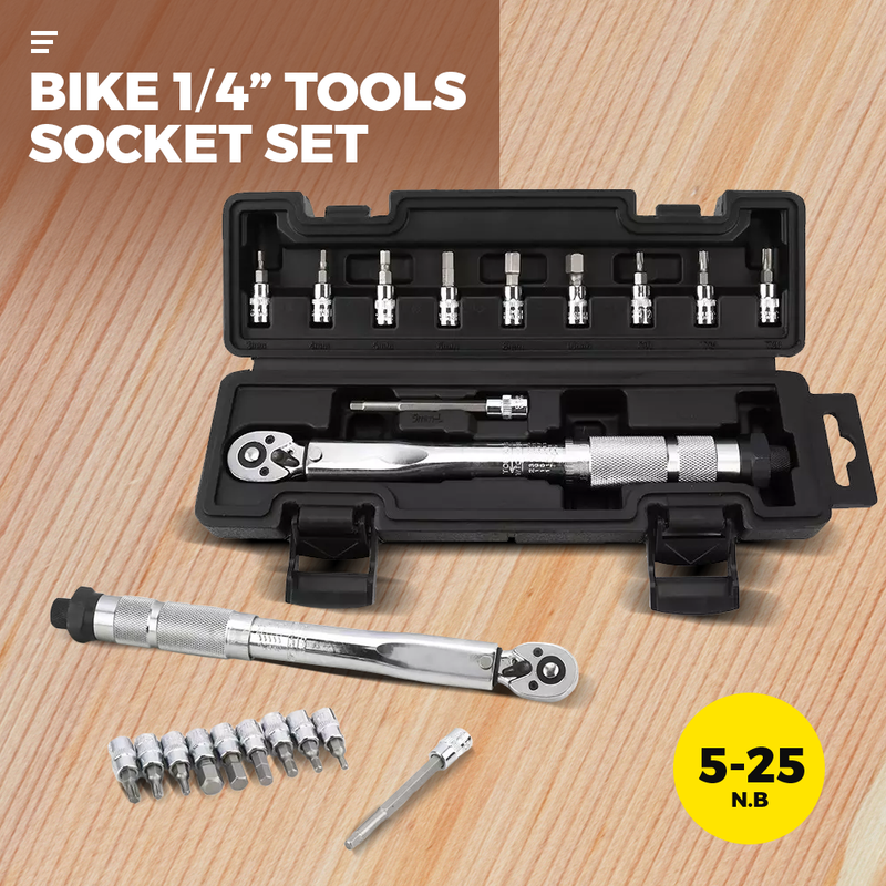Bicycle 1/4'' Tool Socket Set With Torque Wrench Allen Key For Bike Repair