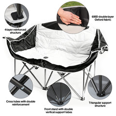 Double Camping Chairs Outdoor Lawn Camping Couch Heavy Duty Folding Chairs Strong Loading Capacity Metal Frame Oxford Fabric with Armrests and Cup Holders