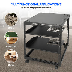 Alston 12U Open Frame Server Rack with Vented Shelves Heavy Duty 4-Post AV/IT Network Rack Free Standing or Wall Mount with Lockable Casters
