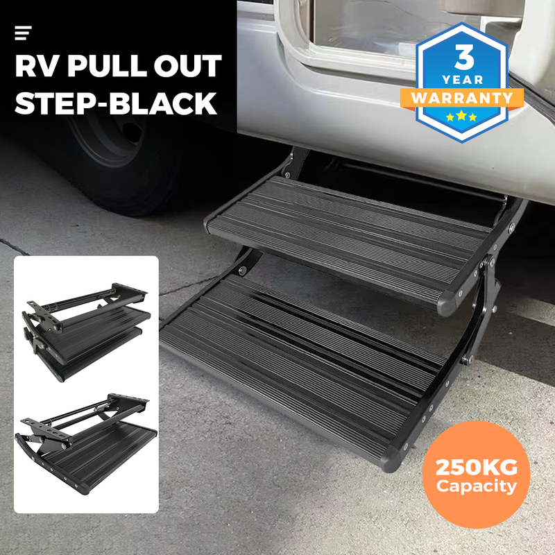 Double Caravan Step Black Pull Out Folding Aluminium Off Road RV Camper Trailer