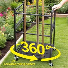 Heavy-Duty Garden Tool Organizer Rolling Tool Tower Rack with Wheels and 4 Hooks Metal Shelf Storing Shovels Rakes Brooms Tools for Yard Garage Workshop