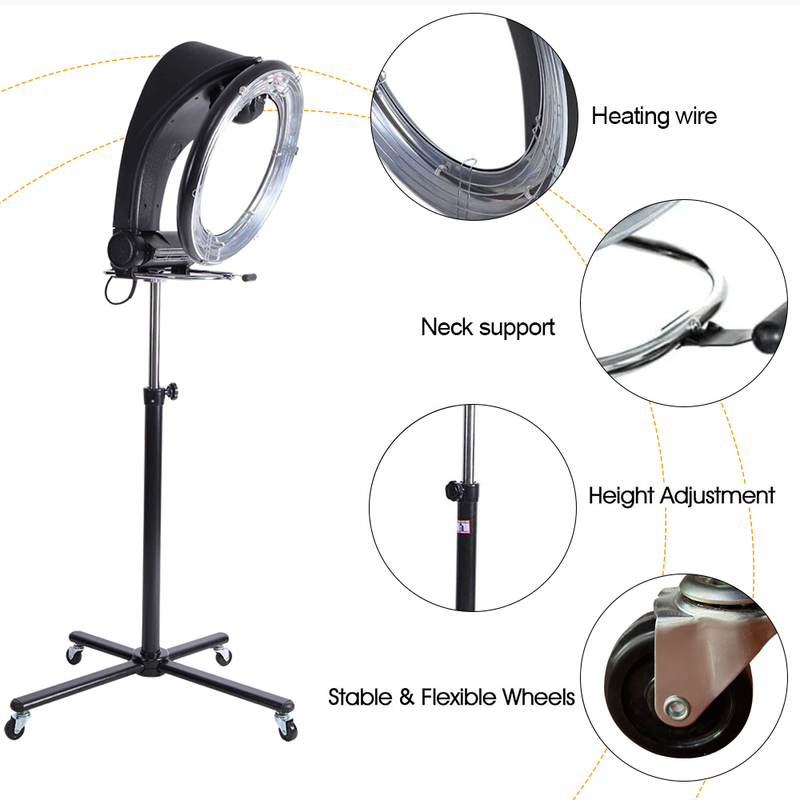 Free Standing Hair Dryer Accelerator Colour 360 Rotating Halo Rolling Salon Equipment Height Adjustable Temperature and Timer Contror Hairdryer